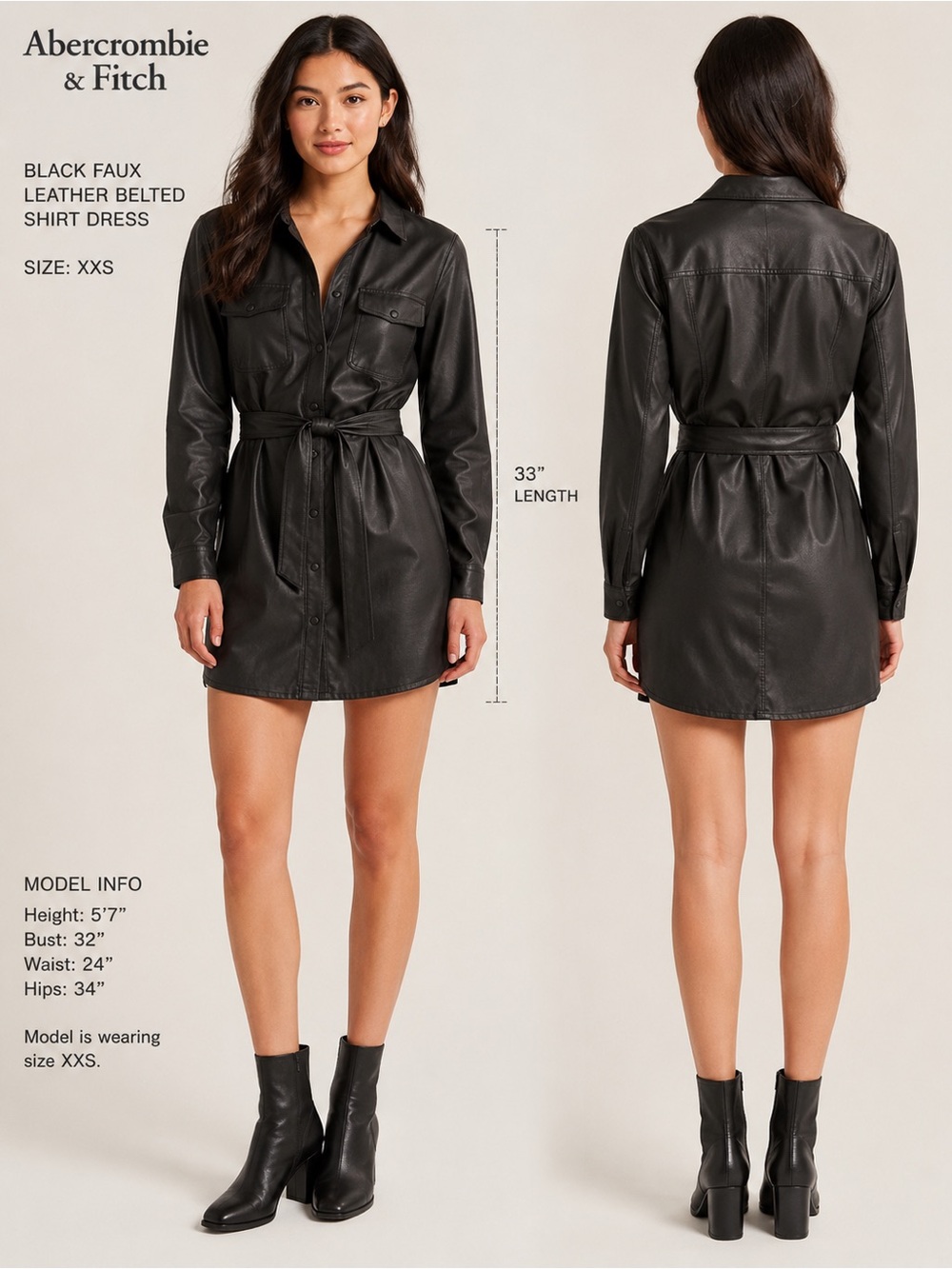 Abercrombie & Fitch Black Faux Leather Belted Shirt Dress XXS Vegan Leather